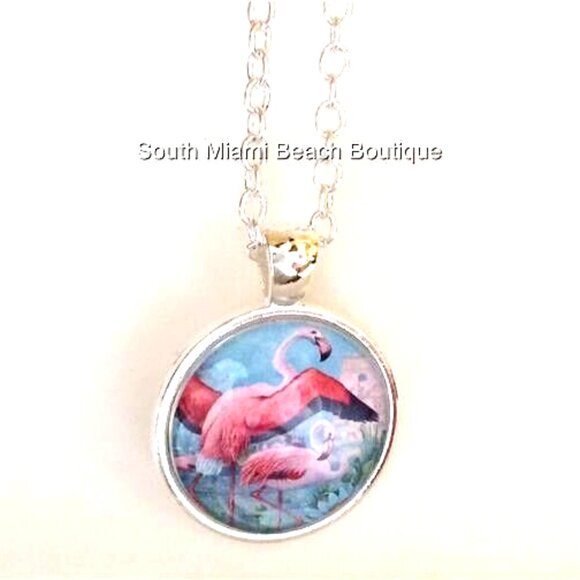Pink Flamingo Necklace Silver Plated 24" Chain Glass Dome Pendant Tropical - Picture 4 of 9